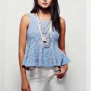 ✨ Free People Side By Side Flared Peplum Tank – Blue & Gold Textured Knit | Sz M